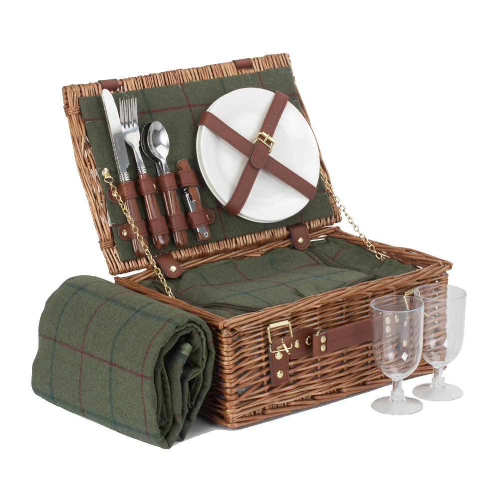 2 Person Green Tweed Picnic Hamper