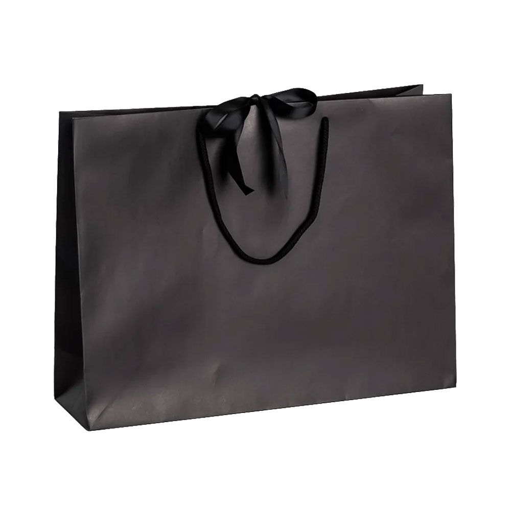 Pack of 25 Large Landscape Black Paper Gift Bags With Rope Handles and Ribbon