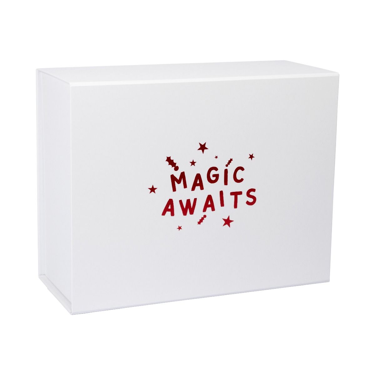 Deep White Christmas Box with Satin Red Magic Awaits Print