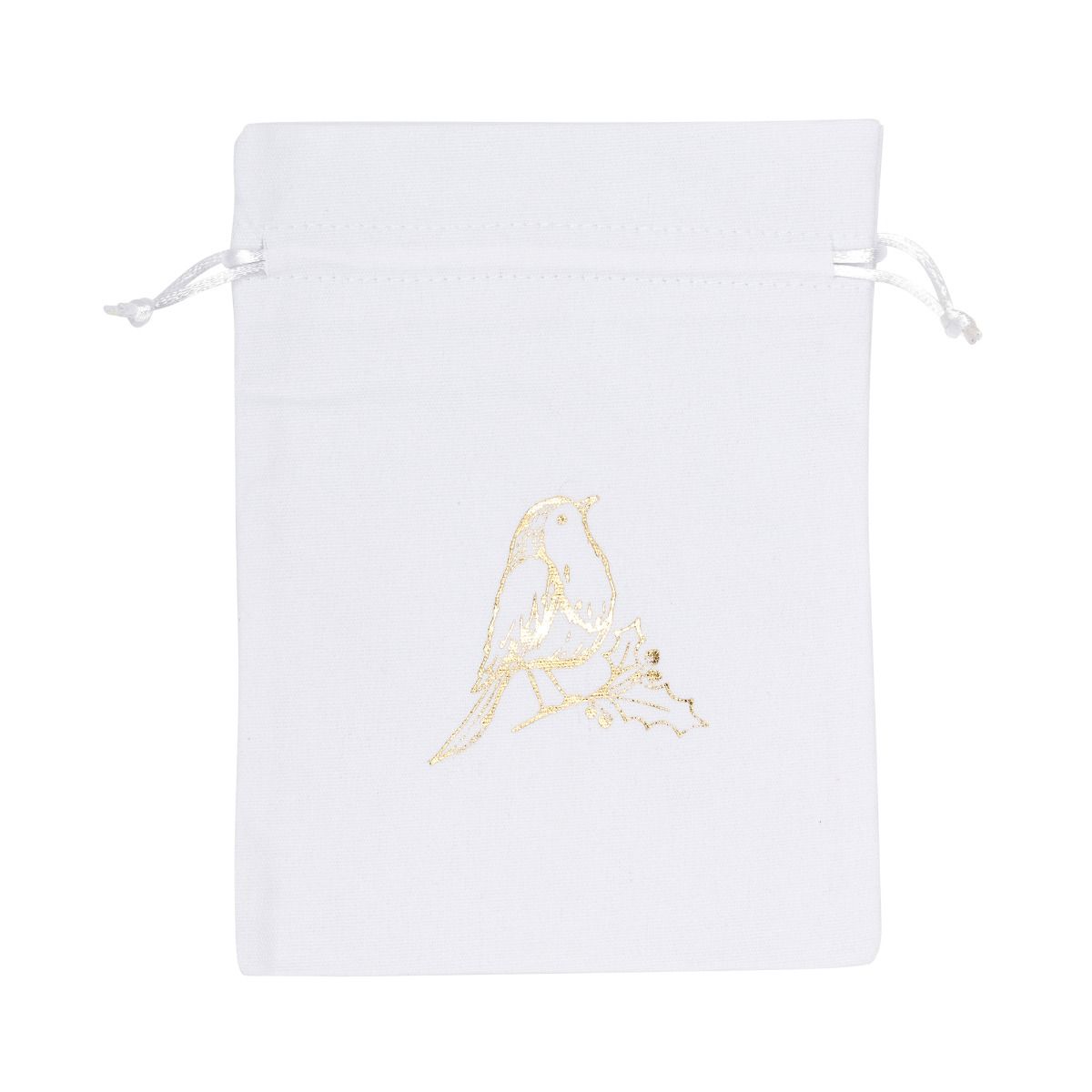 Large Gold Robin Printed White Cotton Bag | 165 x 145mm