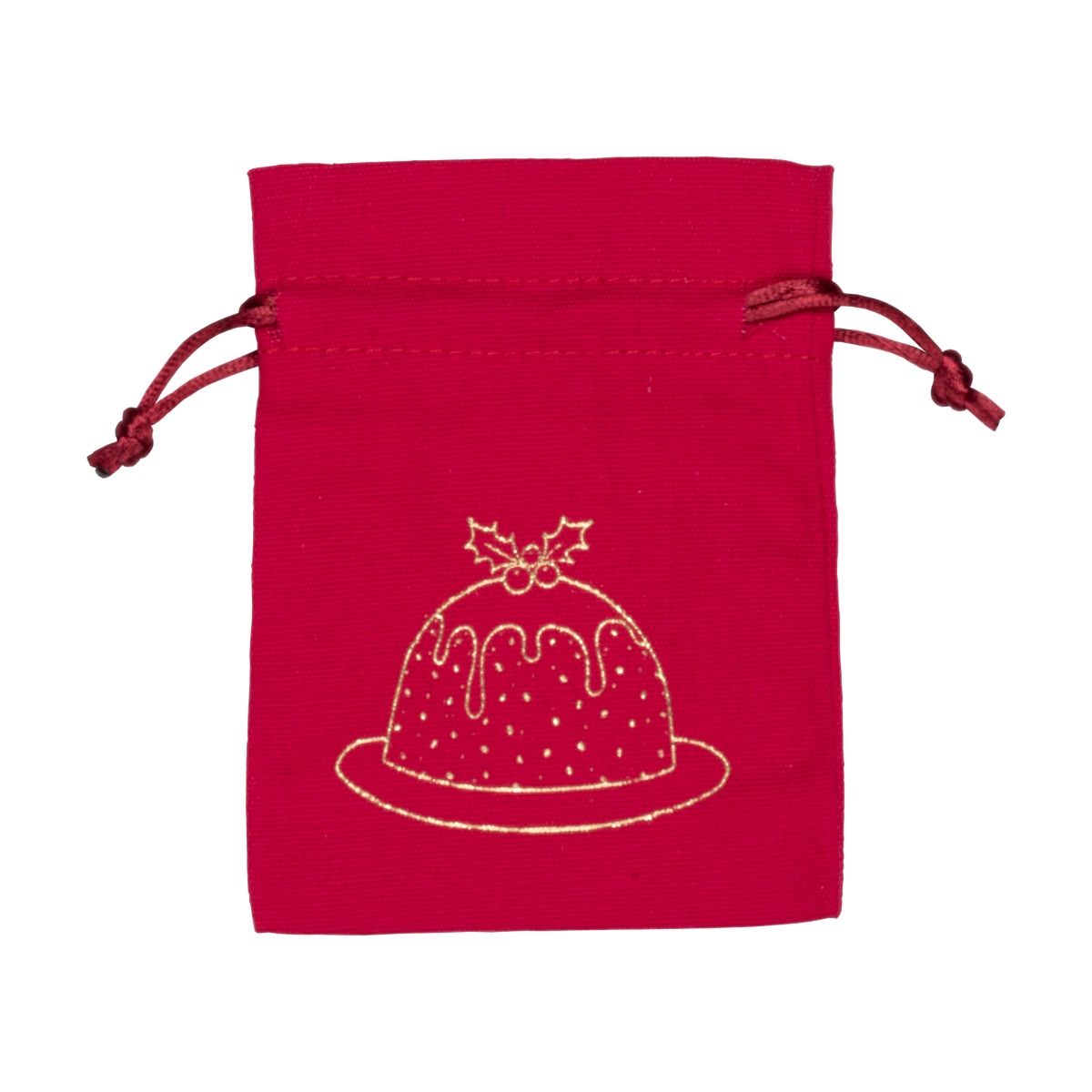 Medium Gold Christmas Pudding Red Cotton Bag | 95 x 90mm