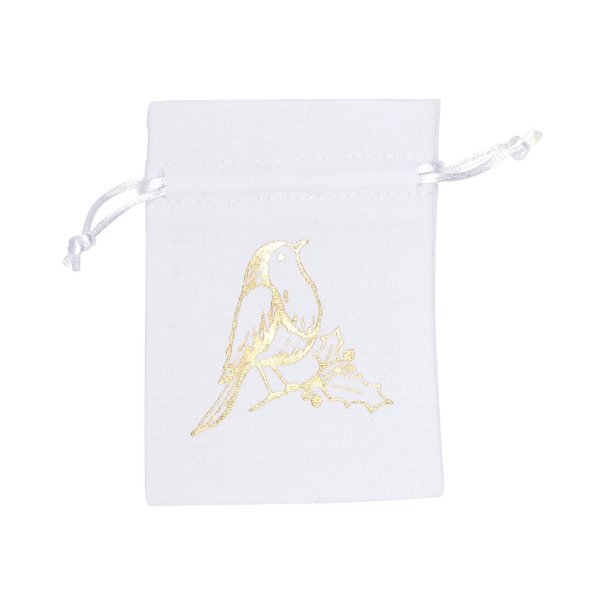Medium Gold Robin Printed White Cotton Bag | 95 x 90mm