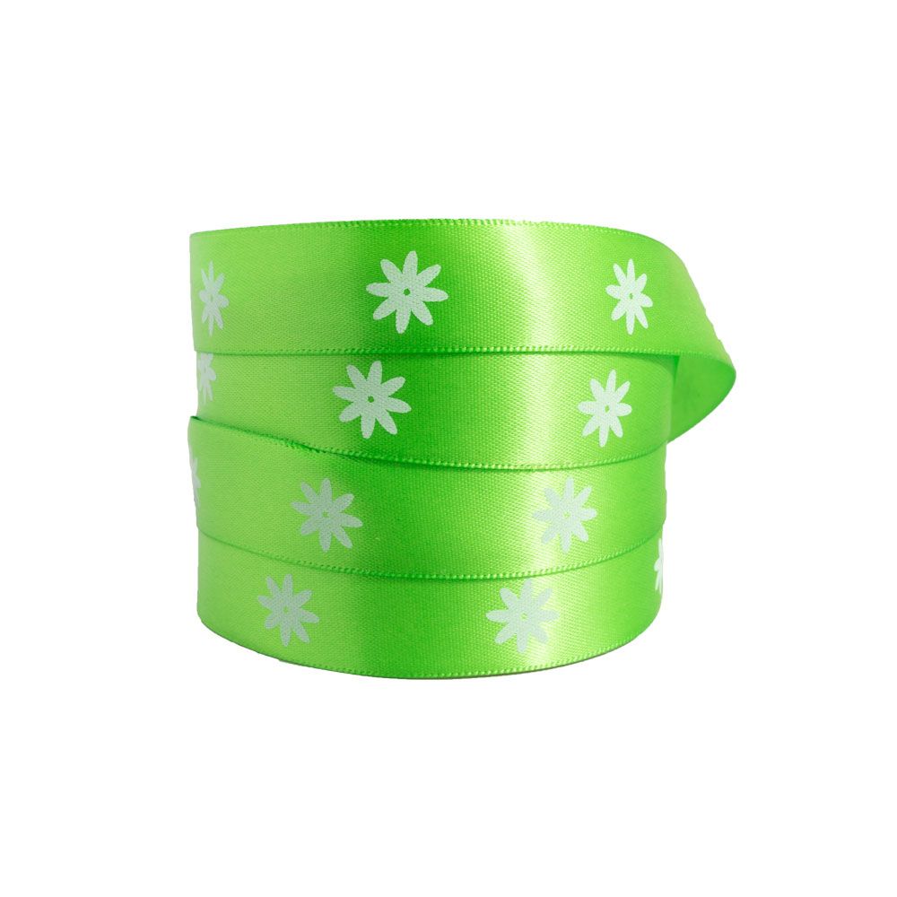Spring Flowers Kiwi Green Double Faced Satin Ribbon 10 metres x 15mm