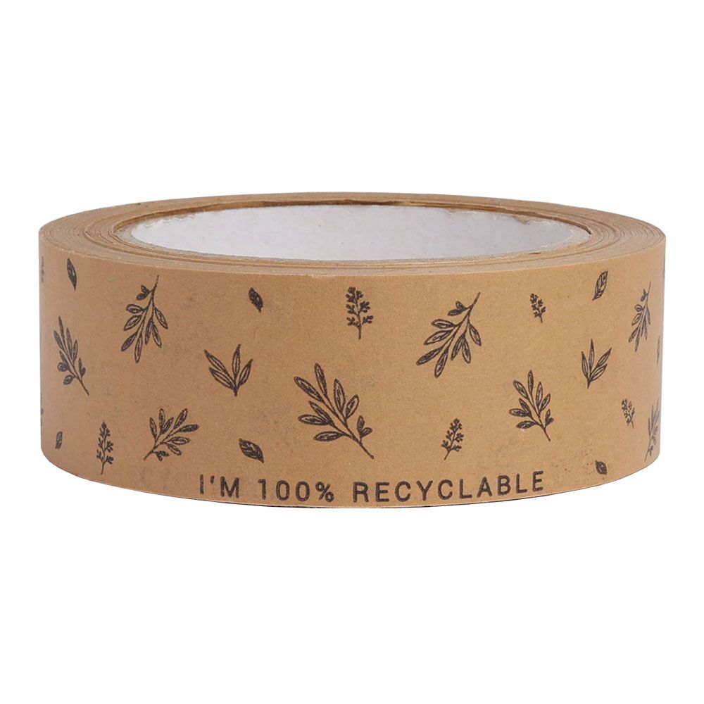 Kraft Paper Tape with Black Leaf Design and I&#039;m 100% Recyclable Text 50 metres x 37.5mm