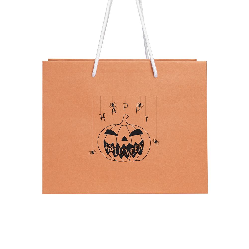 Halloween Medium Landscape Orange Paper Gift Bag With Pumpkin Design