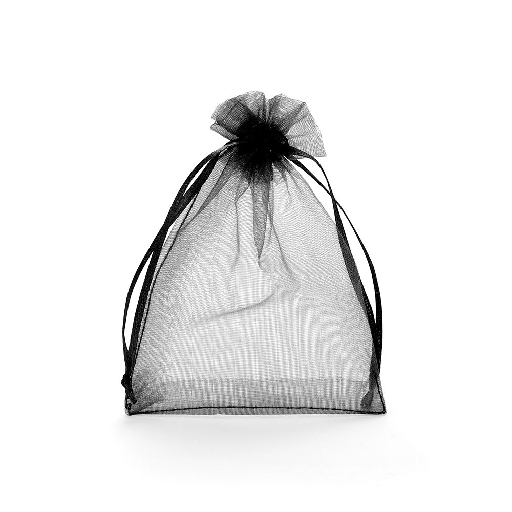 Medium Black Organza Pouch With Ribbon Drawstring