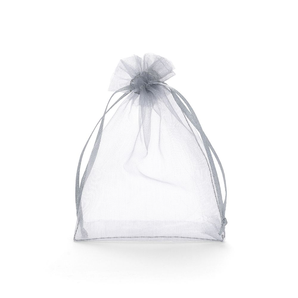 Medium Silver Grey Organza Pouch With Ribbon Drawstring