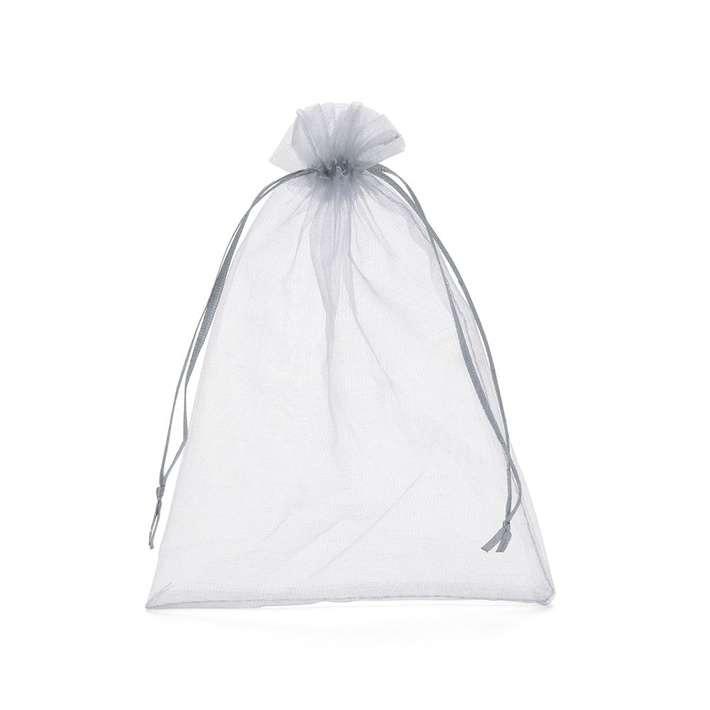 Large Silver Grey Organza Pouch With Ribbon Drawstring