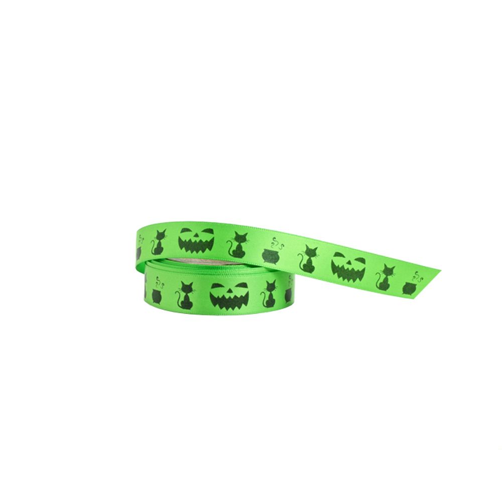 Halloween Cat &amp; Caudron Green Double Faced Satin Ribbon 10 metres x 15mm