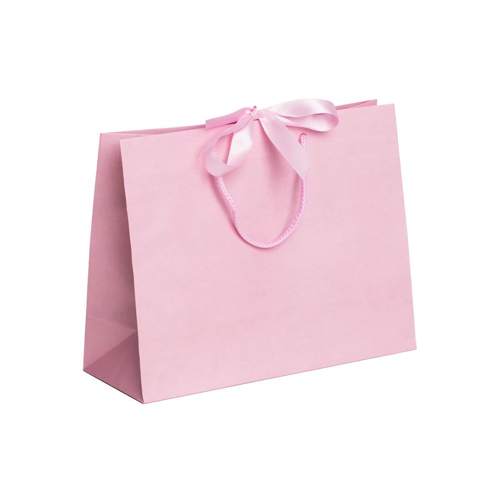 Pack of 25 Medium Landscape Pink Paper Gift Bags With Rope Handles and Ribbon