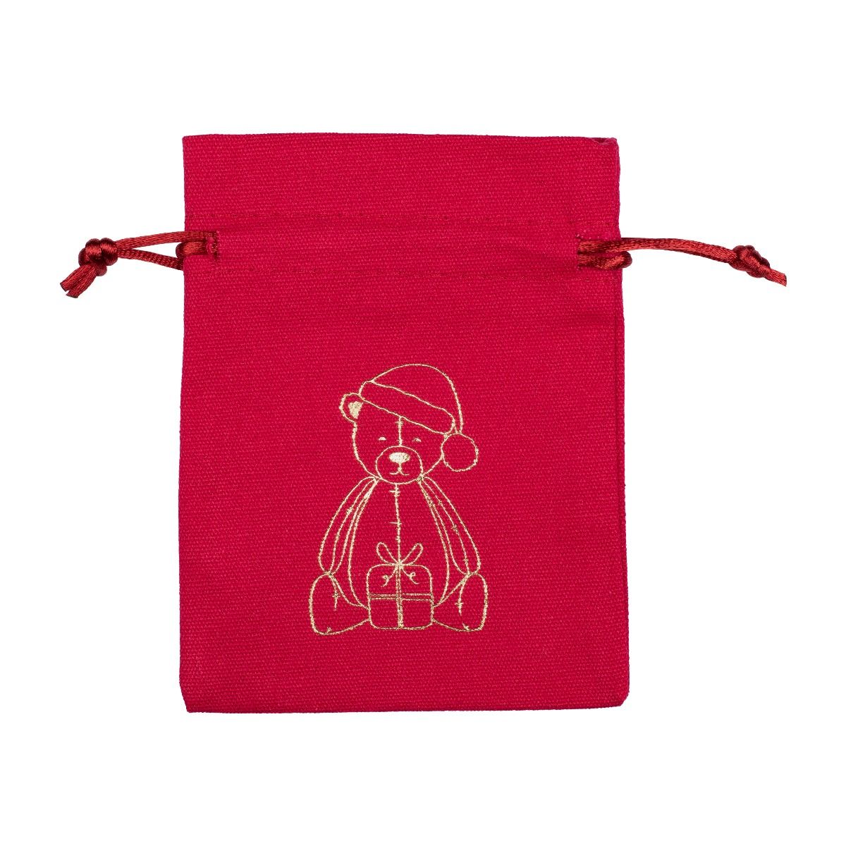 Medium Gold Teddy Printed Red Cotton Bag | 95 x 90mm