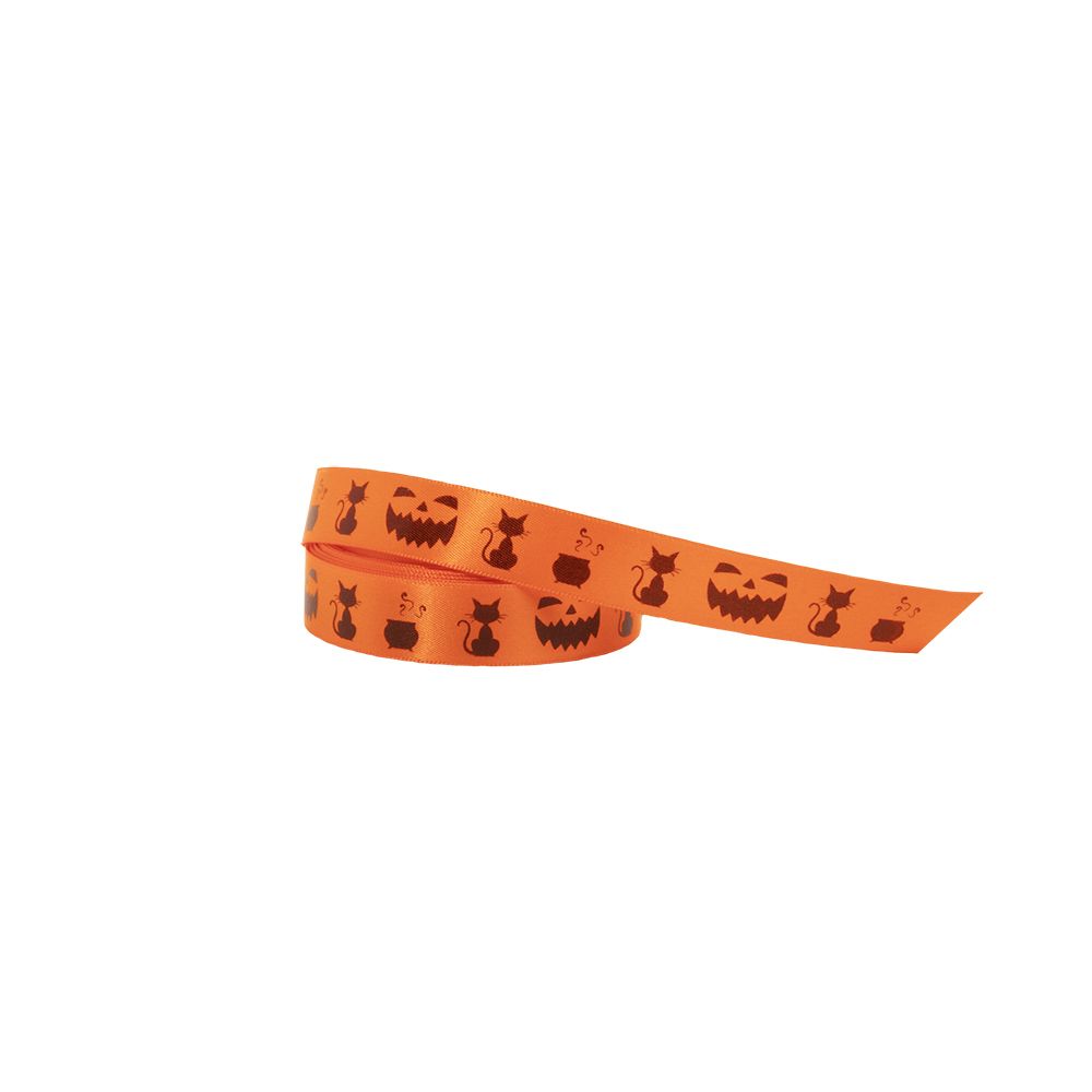 Halloween Cat &amp; Cauldron Orange Double Faced Satin Ribbon 5 metres x 15mm