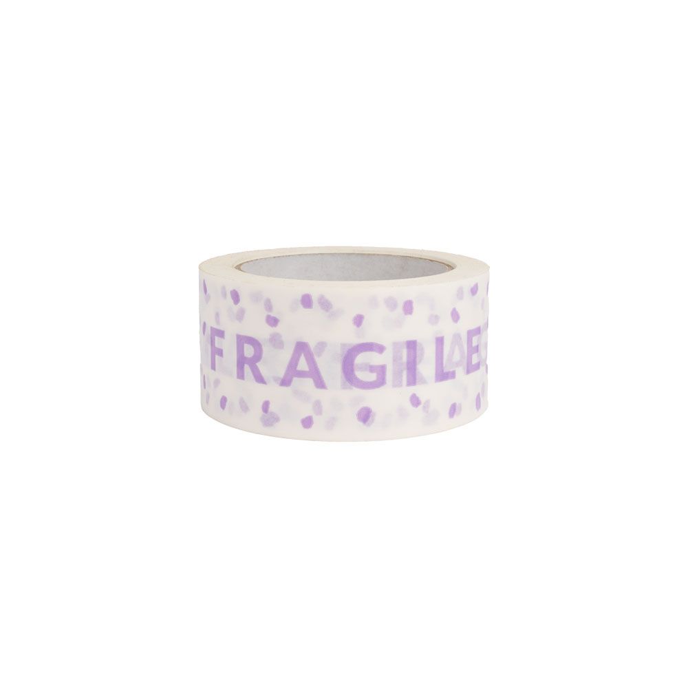 White Paper Tape with Lilac Fragile Text 50 metres x 50mm
