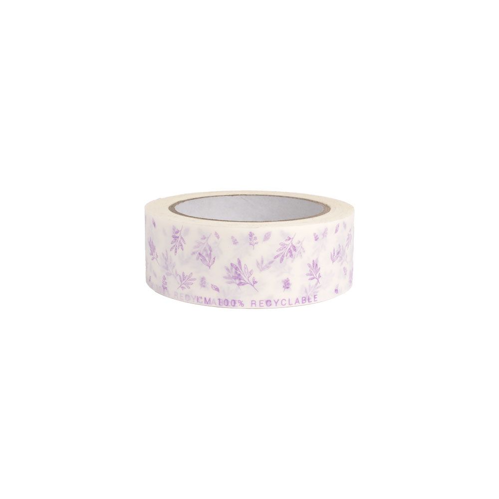 White Paper Tape with Lilac Leaf I&#039;m 100% Recyclable 50 metres x 37.5mm