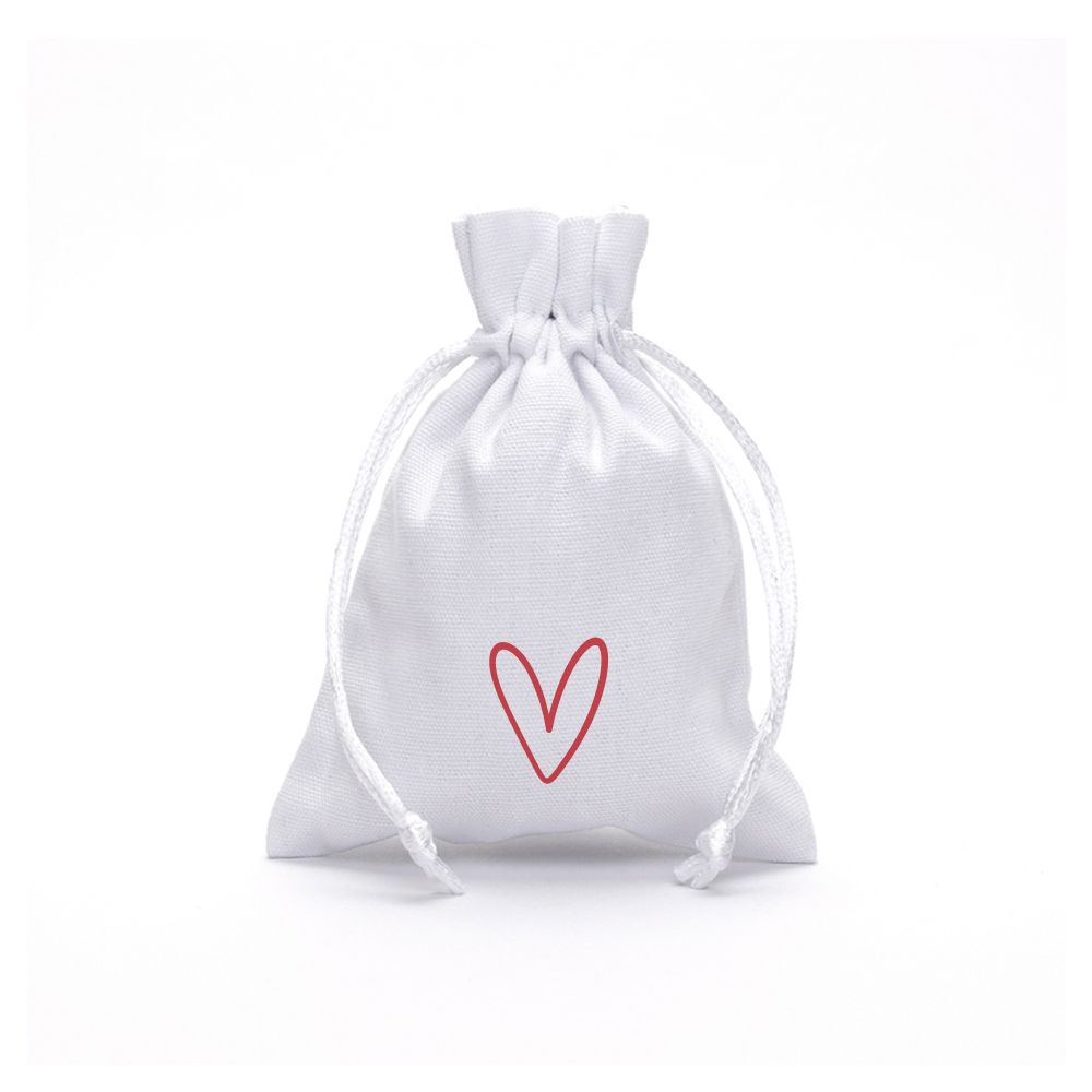 Love Heart Valentine&#039;s Day Medium White Cotton Bag with Silk Drawstring