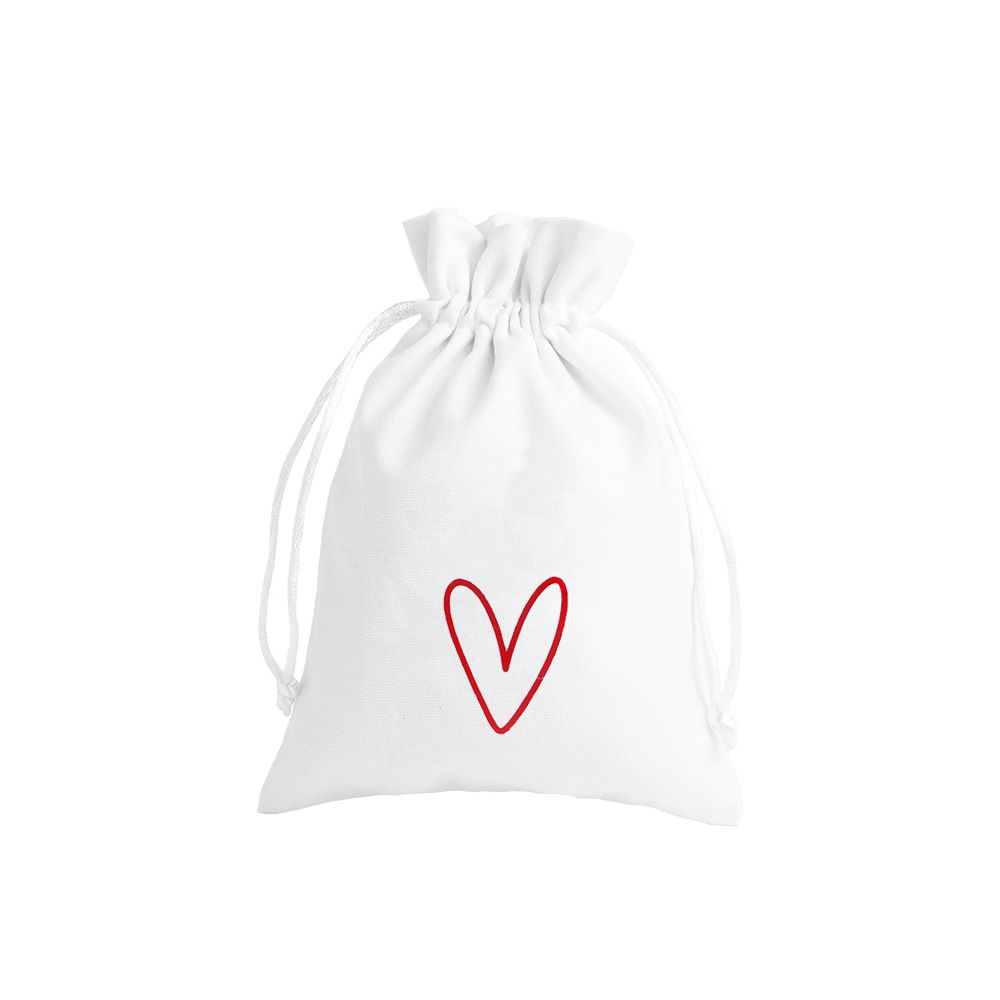Love Heart Valentine&#039;s Day Large White Cotton Bag with Silk Drawstring