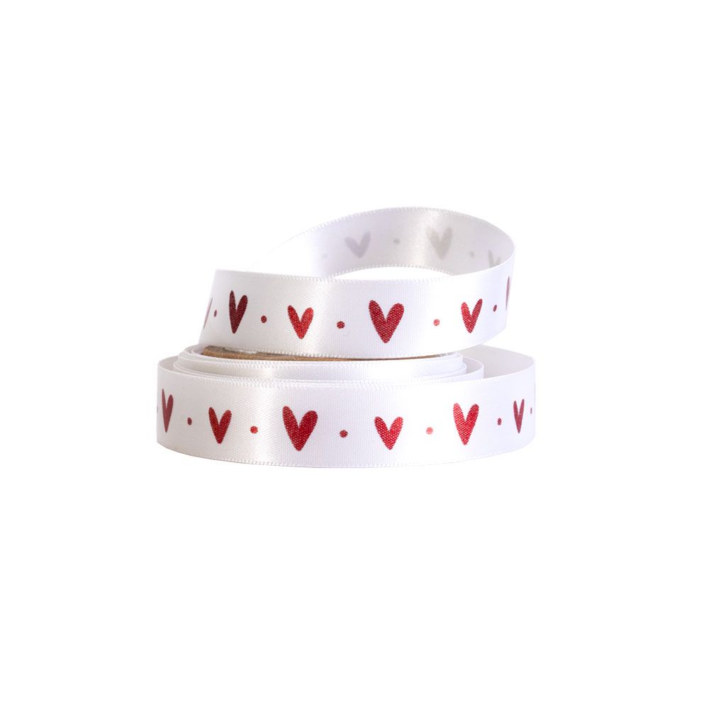 Love Heart Valentine&#039;s Day White Double Faced Recycled Satin Ribbon 5 metres x 15mm