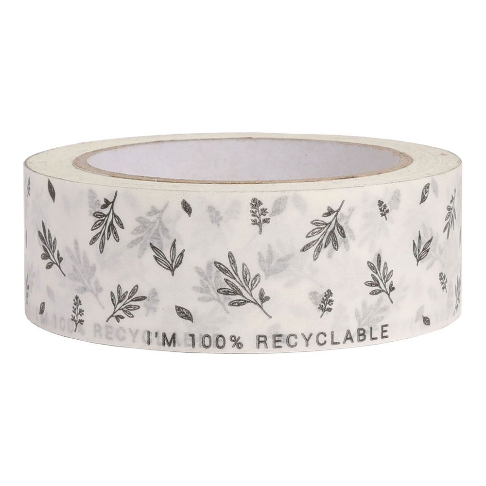 White Paper Tape with Black Leaf Design and I&#039;m 100% Recyclable Text 50 metres x 37.5mm