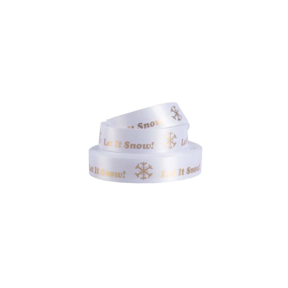 White Satin Ribbon with Gold Let it Snow Print 10 metres x 15mm