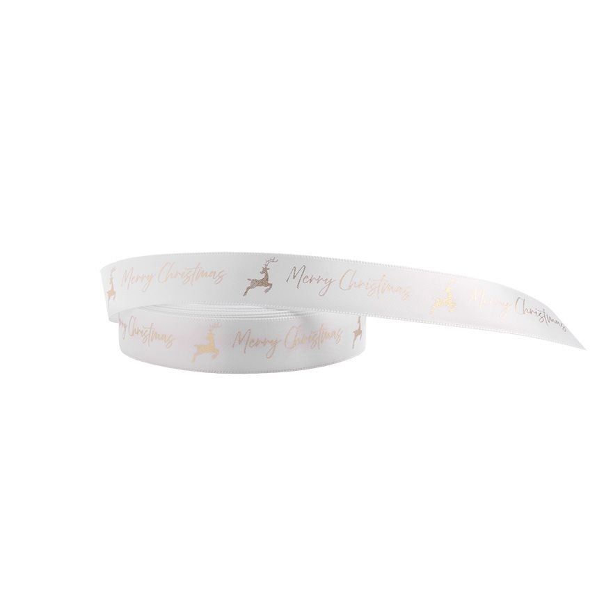Christmas Ribbon White and Gold Merry Christmas Reindeer 10 metres x 15mm