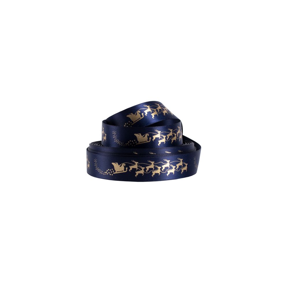 Navy Blue Satin Ribbon with Gold Reindeer and Sleigh Print 10m x 15mm
