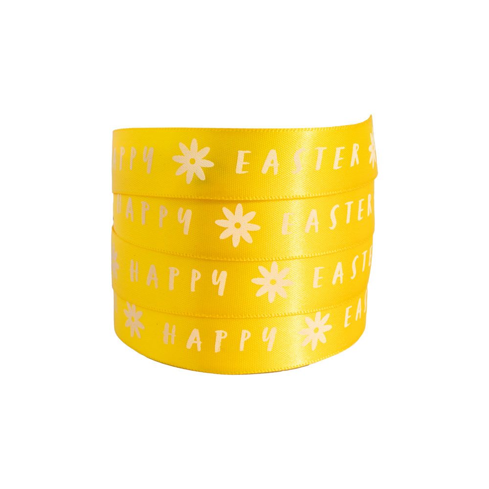 Happy Easter Flowers Yellow Recycled Bottle Satin Ribbon 10 metres x 15mm